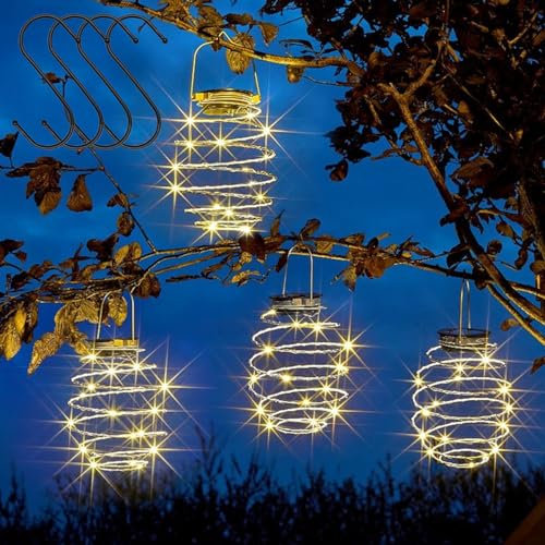 4pcs Solar Light Spiral LED Lanterns, Solar Garden Lights Outdoor Decorative Hanging Lights with 4pcs Hook Waterproof LED Solar Lanterns for Party, Garden Wedding, Porch Decor (Spiral Light
