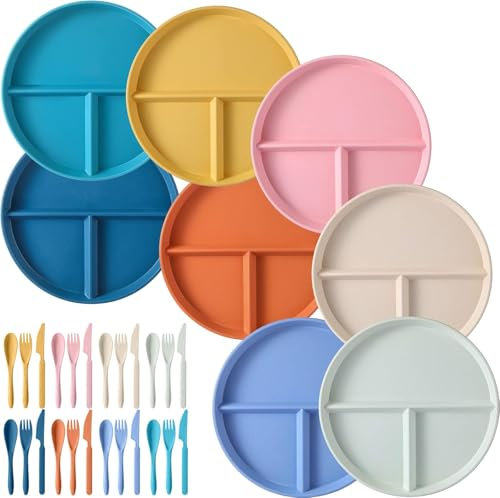 LATERN 8 Pièces Assiettes à Dîner Divisées, 9 Pouces Assiettes Diététiques en Plastique Incassable Plats Divisés à Contrôle des Portions avec Réutilisable Cuillère Couteau Fourchette (8 Couleurs)