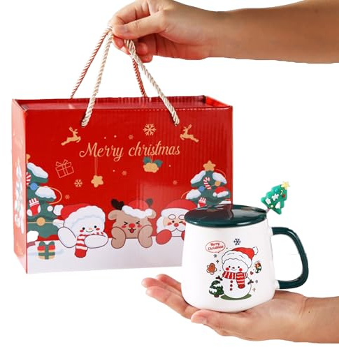 BestAlice Keramiska Julmuggar, Keramisk Kaffemugg med Lock och Kaffesked Till Jul, Diskmaskinssäkra Julkaffemuggar, Keramisk Kaffemugg (Snögubbe)