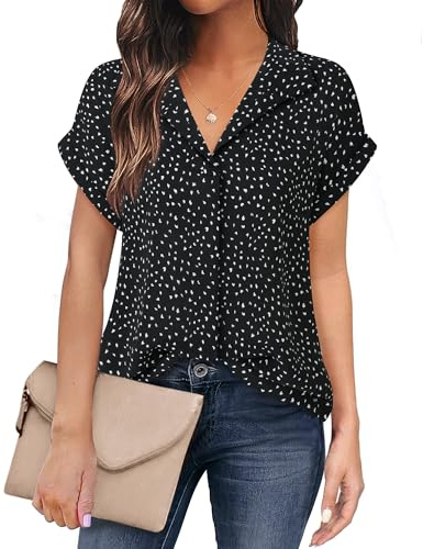 Timeson Blusas de gasa de manga corta para mujer, para oficina, trabajo, negocios, con cuello