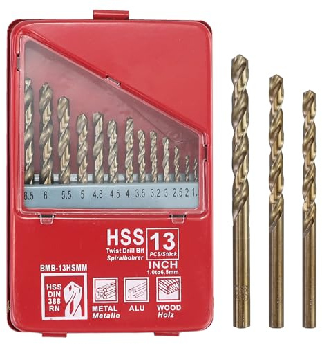 13Pcs M35 HSS Cobalt Drill Bit Set, 1.5mm-6.5mm Gold Cobalt Drill Bit Set, Metric High Speed Steel Drill Bit Kit, Metal Drill Bit Kit 135 Degree Split Point for Stainless Steel, Metal, Plastic, Wood