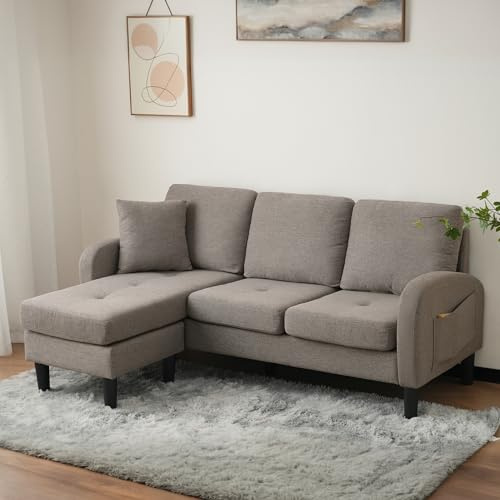 KAZZIO Divano angolare a forma di L con chaise longue - Divano a 3 posti, tessuto di lino di cotone traspirante, gambe in plastica, design modulare, ideale per soggiorno, appartamenti e uffici (grigio