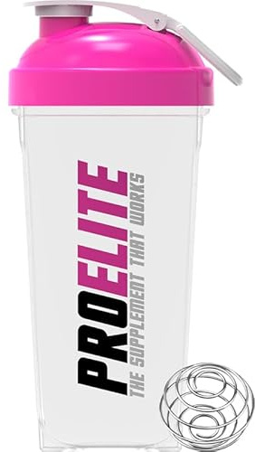 PROELITE 700ml Protein Shaker Bottle with Transparent Shaker Bottle with Stainless Steel Mixing Ball, BPA- and Leakproof Flip On Lid, Odourless, Temperature Safe (Transparent Cup/Pink Lid, 700ml)