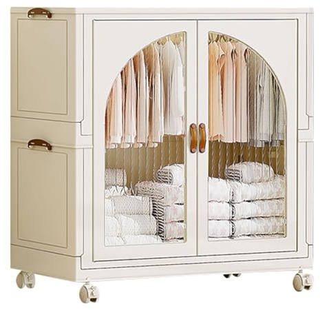 Organizer portatile per armadio, armadio con 2 aste appendiabiti, porte magnetiche e ruote, soluzione pieghevole in plastica per camera da letto e dormitorio