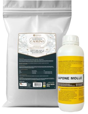 Ossian Caolino Micronizzato per Piante 10 KG + Sapone Molle 1 L – Kit Difesa Biologica Mosca Olivo, Insetti e Parassiti – Barriera Naturale, Agricoltura Bio