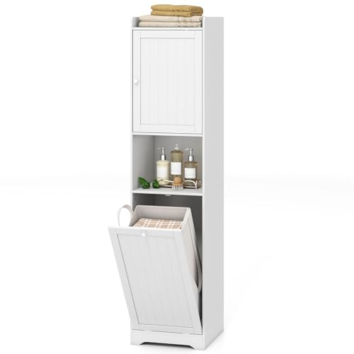 GIANTEX Armadio da bagno alto e stretto, scaffale regolabile, borsa per biancheria rimovibile da 48 l, manici pratici, dispositivo antiribaltamento, per cucina soggiorno, 40 x 40 x 170 cm