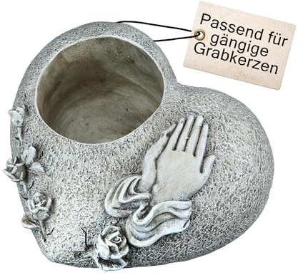 CULT at home Herz Grabschmuck für Grabkerze – Grabkerzen Halter Grabdekoration Steinherzen Grab Deko Grabstein – Kerzenhalter für Grab Gedenkstein fürs Grab Friedhof – aus Kunstharz 13 x 13 cm