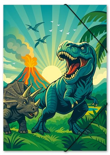 itenga Carpeta de dibujo DIN A3 con diseño de cartón – selección de diseños para niños – Carpeta de goma – Carpeta coleccionable – para niños jóvenes estudiantes (dinosaurios – DINO WORLD)