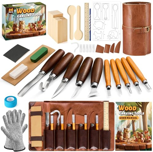 Woodworking Tools Set, 28 Pcs Deluxe Hand Tool Kit with Luxury Leather Case,Wood Whittling Kit with Including Basswood Blocks, Gift for Beginners Adults Kids DIY Fun