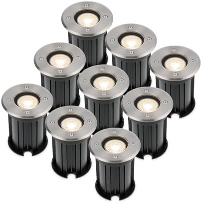 HOFTRONIC - 9er Maisy Terrassen Einbaustrahler GU10 Edelstahl Rund 5 Watt 400 Lumen Boden Licht 4000K Neutralweiß LED Einbauleuchte IP67 Wasserdicht - Dimmbarer Bodeneinbauleuchte außen