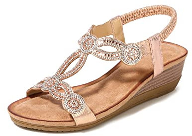MACHSWON Women's Open Toe Platform Wedge Sandals Dressy Casual Sandal Summer Comfortable Sparkling Bohemian Beach Beaded Outdoor Wedding Shoes(Champagne, Size 5)