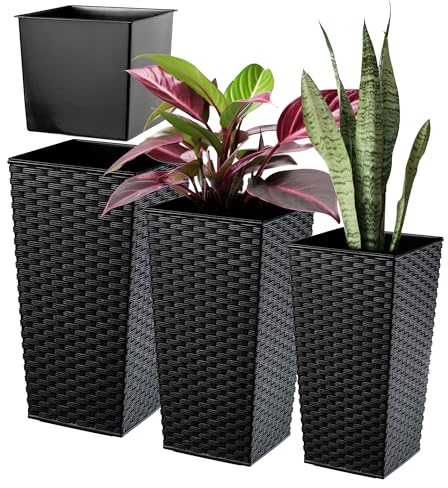 KADAX 3er Set Pflanzkübel mit Innentopf 36/46,5/57,5 cm Höhe, ca. 43L Gesamtvolumen, Schwarz Rattan – wetterfeste & robuste Blumenkübel aus Kunststoff, Blumentöpfe für Innen- & Außenbereich