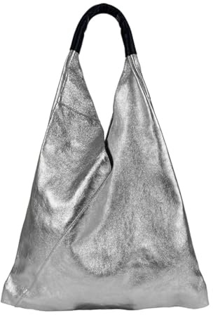 FrasiBags Schultertasche aus echtem Leder, Umhängetasche aus Leder, Damen Ledertasche, Damentasche hergestellt in Italien, Silber, 46x62x12