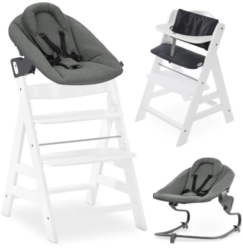 hauck Seggiolone Pappa Evolutivo Alpha Plus Newborn Set Premium, Da 0 Mesi con Sdraietta Neonati Reclinabile Premium Extra Piatta, con morbido cuscino - (Bouncer Dark Grey, Bianco)