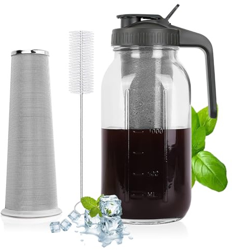 Cold Brew Coffee Maker - 64 Oz Heavy-Duty Glass Mason Jar Pitcher with Stainless Steel Filter, Leak-Proof Lid, Ergonomic Handle & Precision Pour Spout – Ideal for Iced Coffee, Tea, Cold Brew (Black)