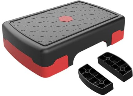 Ronyme Tabla de Equilibrio de Step aeróbico, Equipo de Entrenamiento Estable y Antideslizante, de Ejercicios de Step para Fuerza y Cardio, Rojo Negro con Riser