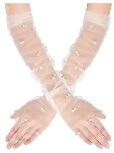 Gants de Mariée,Gants de Longs en Dentelle Blanche & Tulle Perlé Élégants Gants Transparents Sans Doigts pour Cérémonie Mariage Soirée ou Costume Femme Accessoires Nuptiaux Élégants