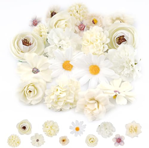 20 PCS Artificial Flower Heads, Realistic Flowers for Cake Deco-10 Styles | Mini Pink Flower Heads for DIY Crafts, Hair Accessories, Cake Deco, Gift Wrapping, Wedding & Home Decor, White