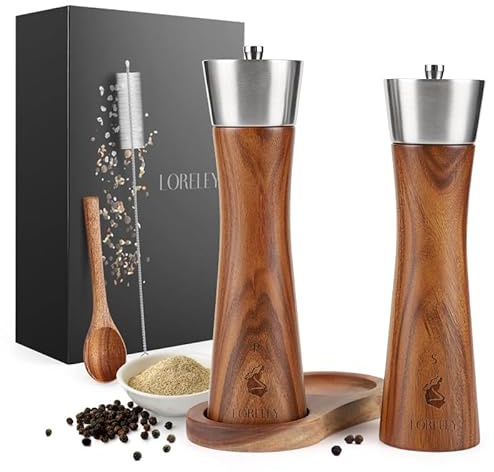 LORELEY® MITTELRHEIN Germany Salz- & Pfeffermühle aus Holz mit Keramikmahlwerk – inkl. Untersetzer & Pinsel – Gewürzmühle in Geschenkbox – Geschenk zur Hochzeit | Einweihung (Premium Edelstahl)