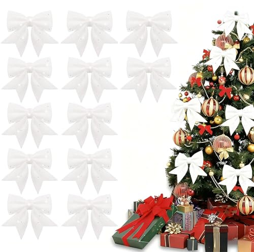 FiveMileBro Fiocchi Natalizi Glitterati, Fiocchi per Albero di Natale, Fiocchi di Nastro di Natale con Paillettes, per Decorare Feste di Famiglia, Feste di Natale (12 Pezzi/Weiß)