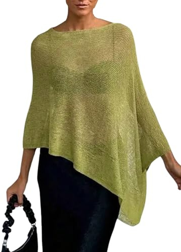 GORGLITTER Women's Asymmetrical Sheer Boat Neck Jumpers Lightweight Elegant Pullover Knit Poncho Tops Green Medium