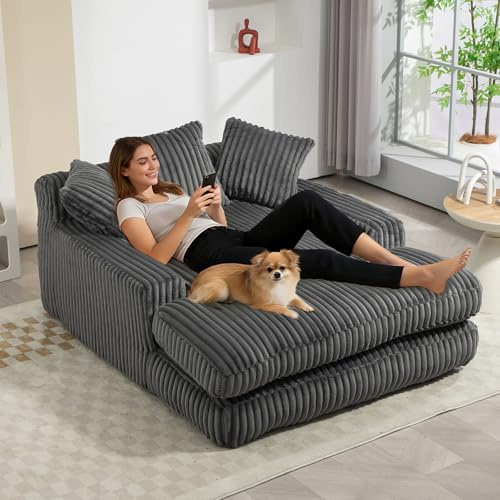 QQU Oversized Chaise Lounge Chair Indoor, Upholstered Boneless Sofa Bed with 3 Pillows and Wide Armrests, Cloud Sleeper Couch for Living Room, No Assembly Required, Corduroy (Dark Gray)