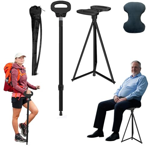 Faltbar Gehstocksitz Outdoor Reisen,2-in-1 Klappbarer Sitzstock für Erwachsene & Senioren,Verstellbarer Tragbar Spazierstock,Wanderstock mit Tragetasche maximale Traglast 250 kg