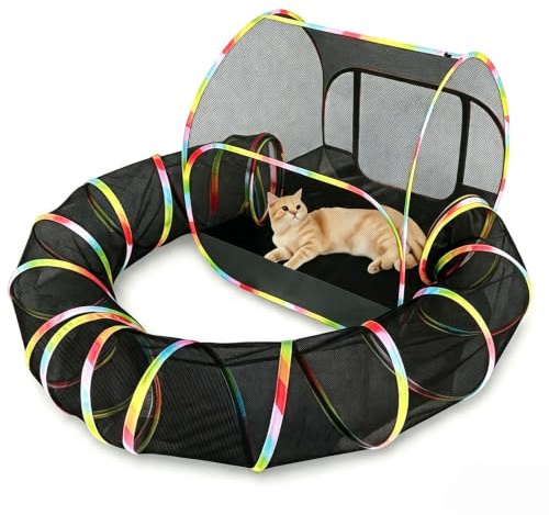Reuentone 2-in-1 Outdoor Cat Playpen with Tunnel, Foldable Mesh Cat Enclosure, Portable Pet Play Tent for Cats, Rabbits & Small Animals