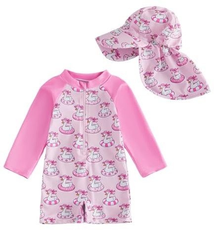 Traje de baño para niña con gorro de baño para niños pequeños con estampado de animales de manga larga para niñas pequeñas, protección solar, cremallera frontal, traje de baño de una pieza, conjunto