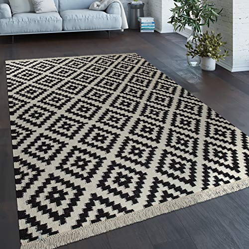 Paco Home Alfombra Tejida A Mano De Moda con Flecos Diseño Marroquí Moderno En Blanco Negro, tamaño:200x300 cm