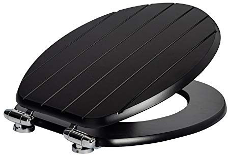 Harbour Housewares Soft Close Toilet Seat - Black - Pack of 1 - Oval-Shaped Wooden Toilet Seat Antibacterial Loo Lid with Universal Chrome Hinges, Fixings & Fittings