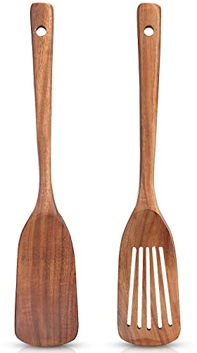 2-pack icke-giftiga spatlar i trä för köksredskap set akacia trä matlagning spatel platt wok pannkaka stekspade bambu slitsad sked för matlagningsredskap spatel skrapa lång fisk ägg flipper spatlar