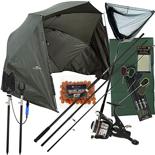 Carp Fishing Rod And Reel Setup Bite Alarms Landing Net Pod & Boilies Rigs Mat Bankstick and Brolly Complete Set