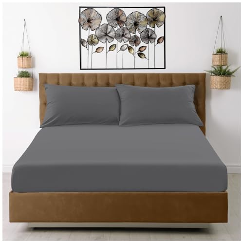 GC GAVENO CAVAILIA Microfiber Fitted Sheet Double - Plain Bed Sheets - Deep Pocket 10 inch (25cm) - Shrinkage, Fade & Wrinkle Resistant Bottom Sheet, Charcoal to Mattress (137x193 cm) Machine Washable