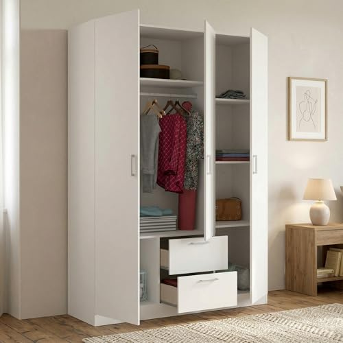 Dmora - Garde-Robe 3 Portes Argentella, Cintre pour Chambre à Coucher, Armoire avec 3 Portes battantes et 2 tiroirs, 150x52h215 cm, Blanc