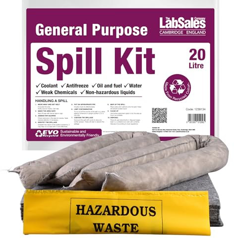 Labsales 20lt Eco Friendly General Purpose Spill Kit, Absorbent Pads, Socks & Disposal Bag, For Oils, Fuel, Paint, Grease, Water & Weak Chemicals, Pack Of 1 Spill Kit (20L)