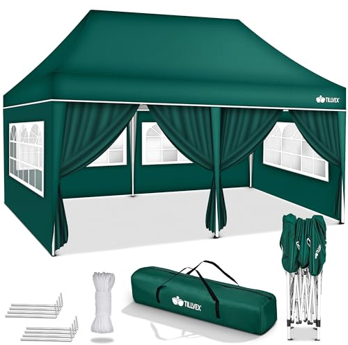 tillvex Gazebo 3x6m da Giardino | Gazebo pieghevole regolabile in altezza | Tenda Pop up impermeabile da protezione UV 50+ | Tenda Padiglione + Sacca di Trasporto (Verde - con 6 pannelli laterali)