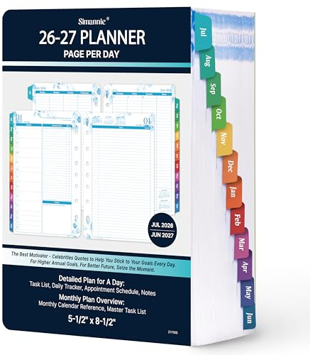 Planner Refills 2026-2027 – July 2026 - June 2027, 2026-2027 Planner Refills, Two Pages Per Day Daily ＆ Monthly, 8.38 x 5.51, Ring-Bound with Colorful Tabs