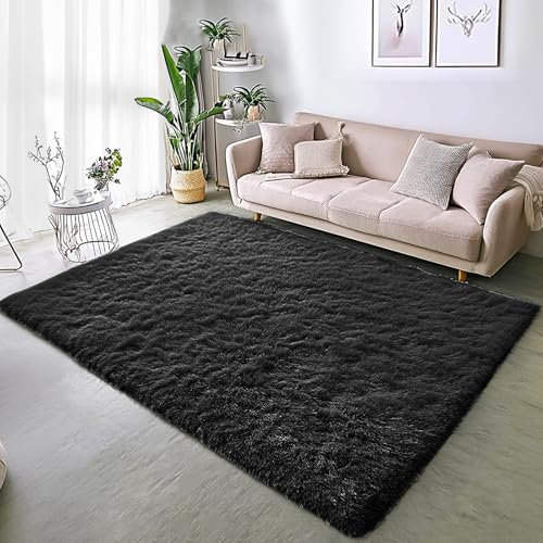 BSGIFT Hochflor Teppich Flauschig 120x160 - Rutschfester Teppich Schwarz für Wohnzimmer Schlafzimmer Kinderzimmer - Modern Wohnzimmerteppich Bettvorleger, Shaggy Langflor Fellteppich