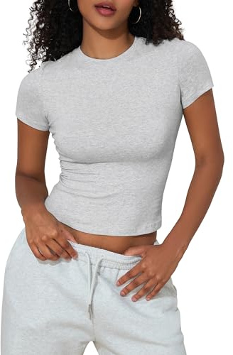 PrettyGuide Crew Neck Tight Fitted Shirts for Women Short Sleeve Cotton Jersey T-Shirt Crop Tees Light Heather Grey M