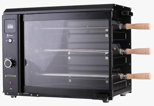 Titan Parrilla Eléctrica 3 Espetos Giratorios Automáticos – Sin Humo, 2000W, Barbacoa Brasileña Interior con Vidrio Curvado y Bandeja Antigrasa – 220V, Tipo F