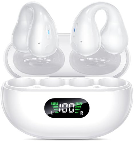 Auriculares inalámbricos Bluetooth 5.3 con clip abierto, micrófono integrado, ganchos para oídos y oreja, funda de carga inalámbrica
