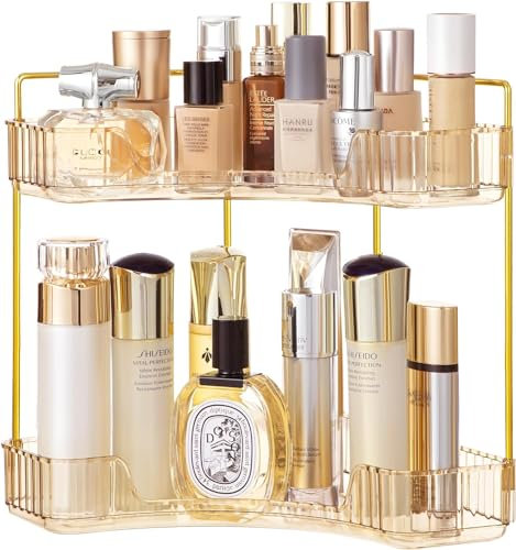 V-Kitpater Bathroom Organiser Countertop Storage, Acrylic Makeup Skincare Organizer, Vanity Perfume Trays Counter Shelf, Corner Storage Tidy in Dresser, Bedroom, Kitchen (2 Tiers, Amber)
