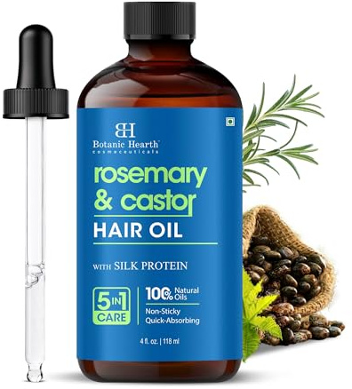 Botanic Hearth Rosemary Castor Hair Oil + Scalp Massager 118 ml | Cold Pressed - Hexane Free, Pure Castor Oil Organic for Eyelashes, Hair Growth, Eyebrows, Skin, Face | 100% Natural and Vegan