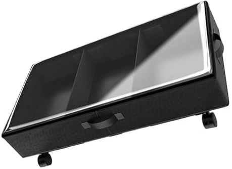Mikikit Organizador de Ropa con Ruedas Grande, Caja de Almacenamiento Debajo Cama de Tela Oxford Negra, Contenedor con 3 Compartimentos y Ventana Transparente para Guardar Ropa