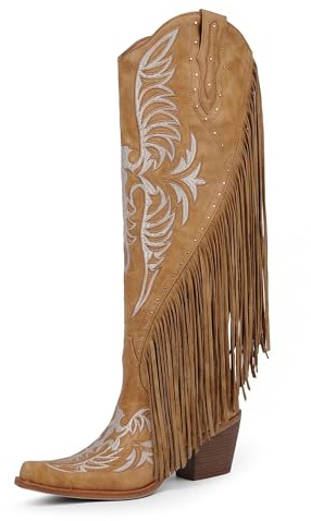 QIY Cowboy Boots for Women Knee High Wide Calf Cowgirl Boots Fringe Embroidered Pointed Toe Chunky Heel Western Boots Pull On Tall Boot