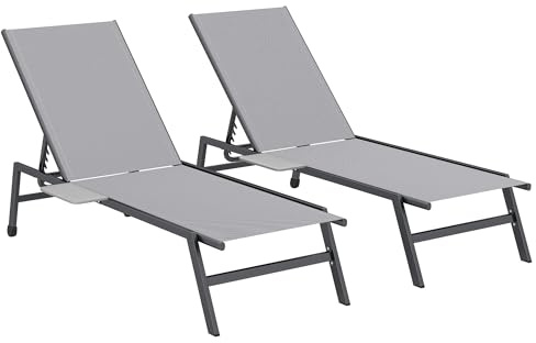 Outsunny Set di 2 Lettini Prendisole da Giardino con Tavolino Laterale, Schienale Regolabile 5 Livelli, Sdraio da Giardino in Texteline con 2 Ruote, per Spiaggia Piscina Terrazzo, 74x190x35cm, Grigio