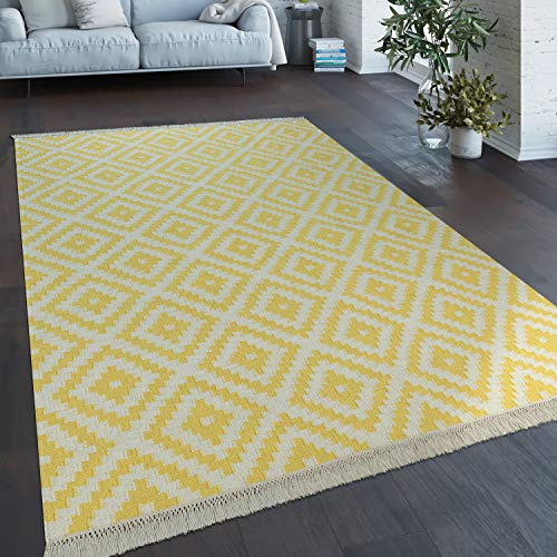 Paco Home Alfombra Tejida A Mano De Moda con Flecos Diseño Marroquí Moderno En Blanco Amarillo, tamaño:60x110 cm