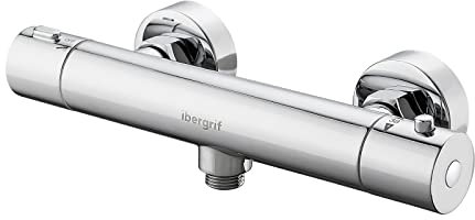 Ibergrif M21805-1 Thermostatic Shower Mixer Bar Two Outlet, Wall Mounted Shower Mixer Tap,Anti-Scald, Bottom 1/2 BSP, Chrome, Silver