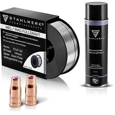 STAHLWERK Lot de 2 buses de fil fourré + fil fourré 1 kg 0,8 mm + spray de séparation de soudure STAHLWERK